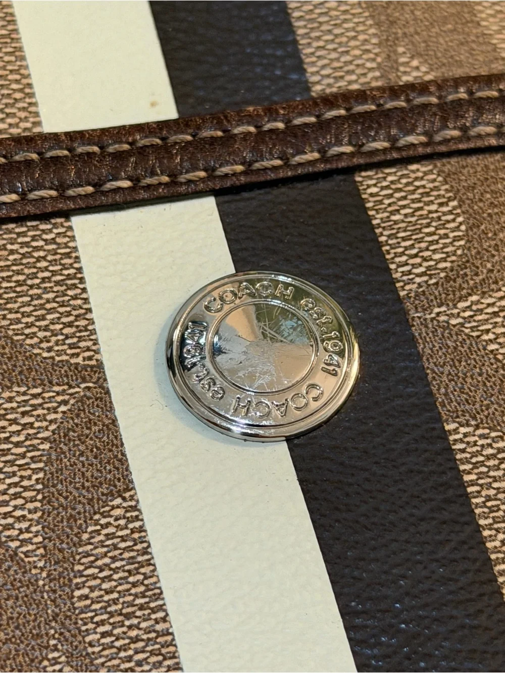 Coach Brown Signature Crossbody with Center White & Dark Brown Stripe
